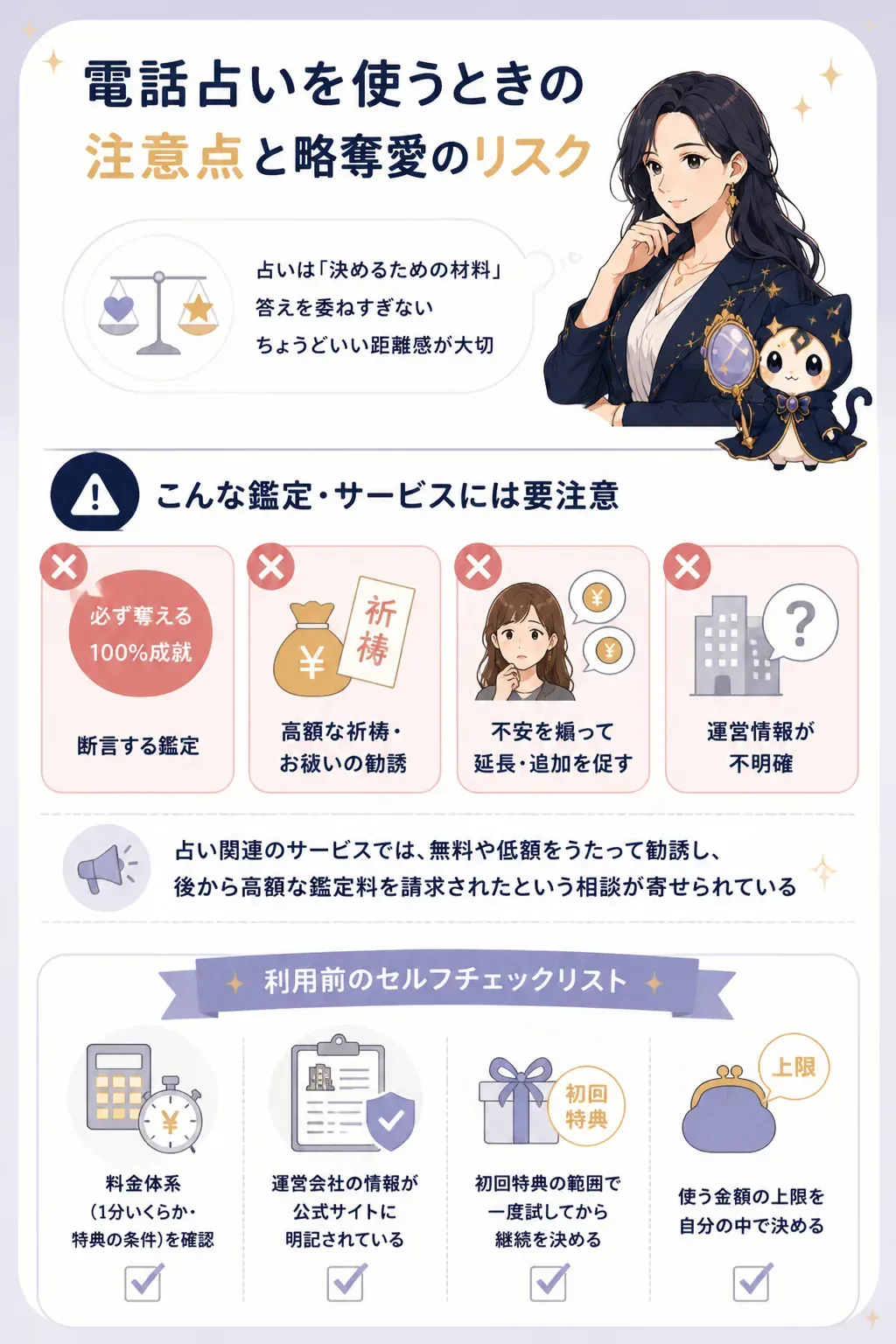 電話占い利用時の注意点を示した図解