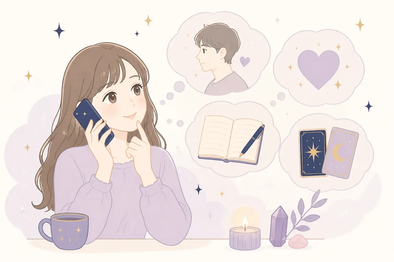 電話占いで落ち着いて相談する女性のイメージ