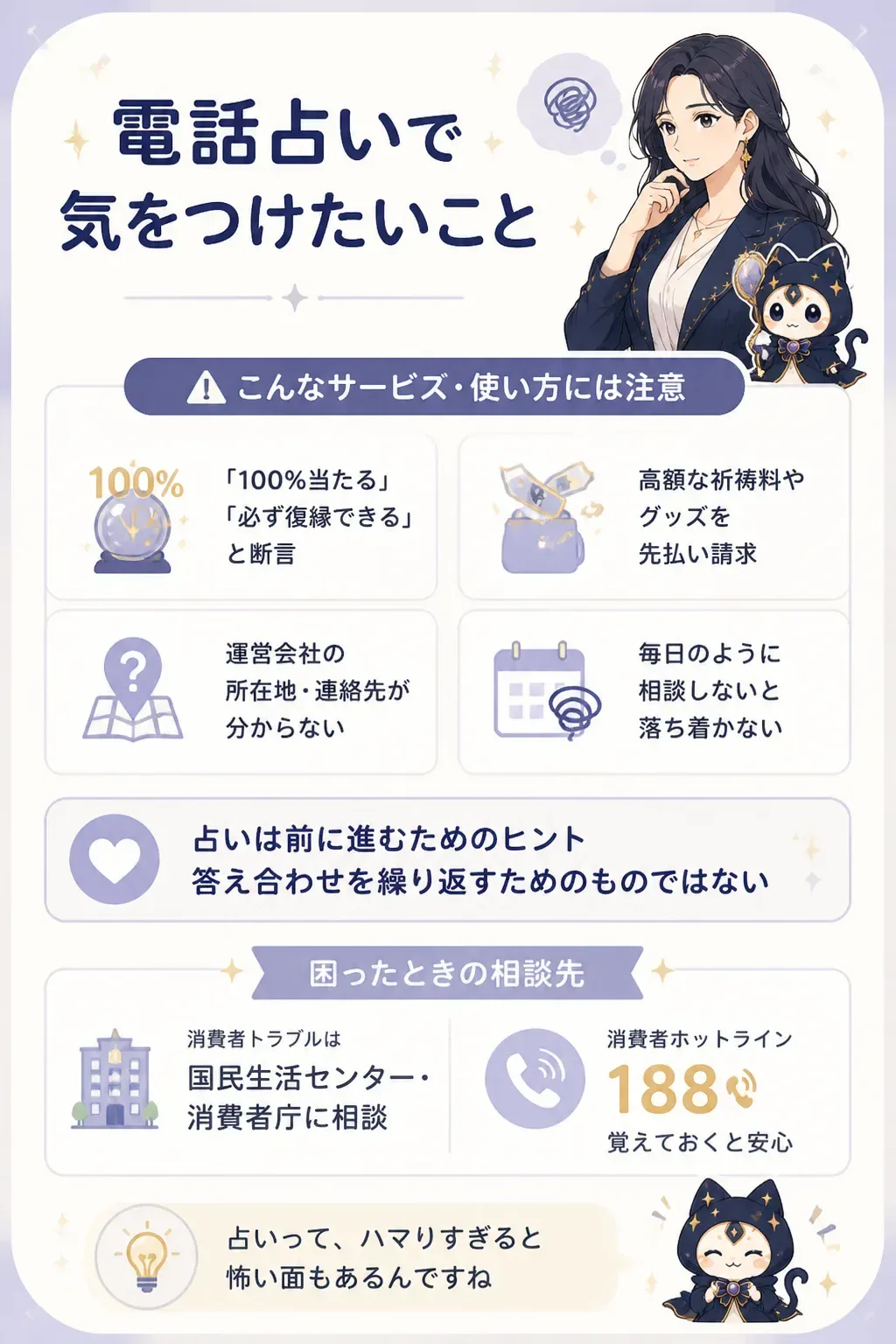 電話占いで気をつけたい依存・高額請求の注意点の図解