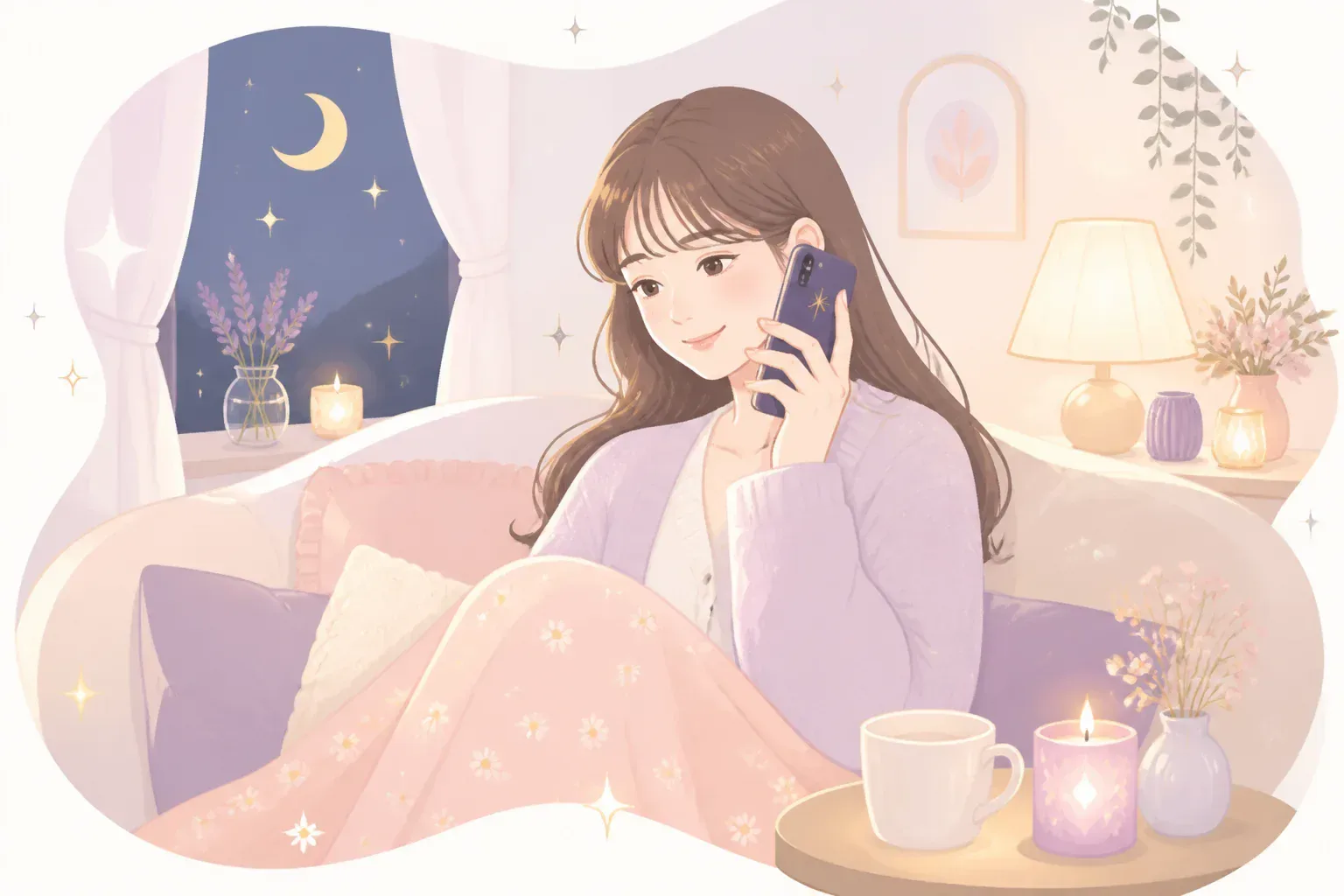 夜に電話占いで相談する女性のイメージ