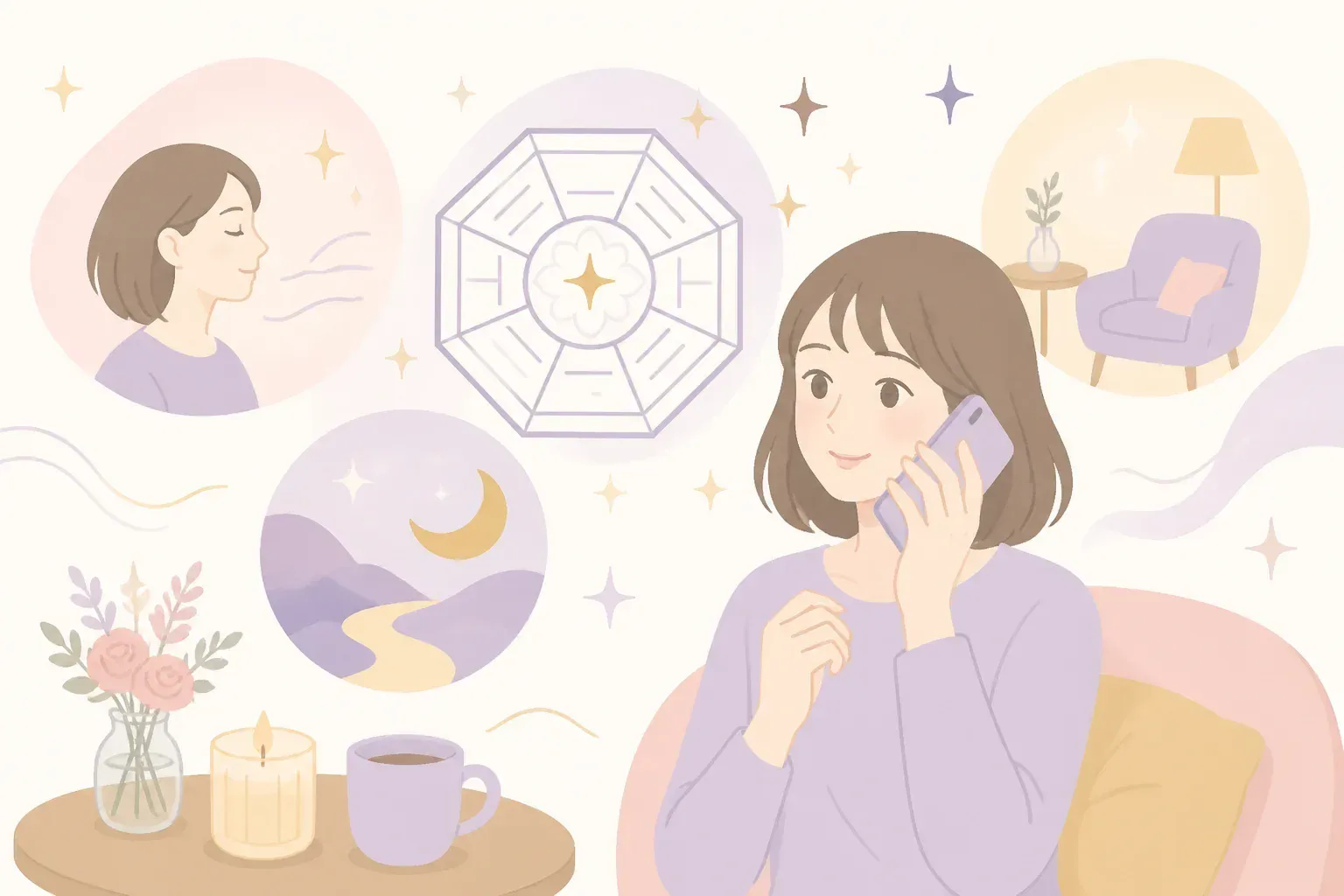 自宅から電話で占いを相談する穏やかな雰囲気のイメージ