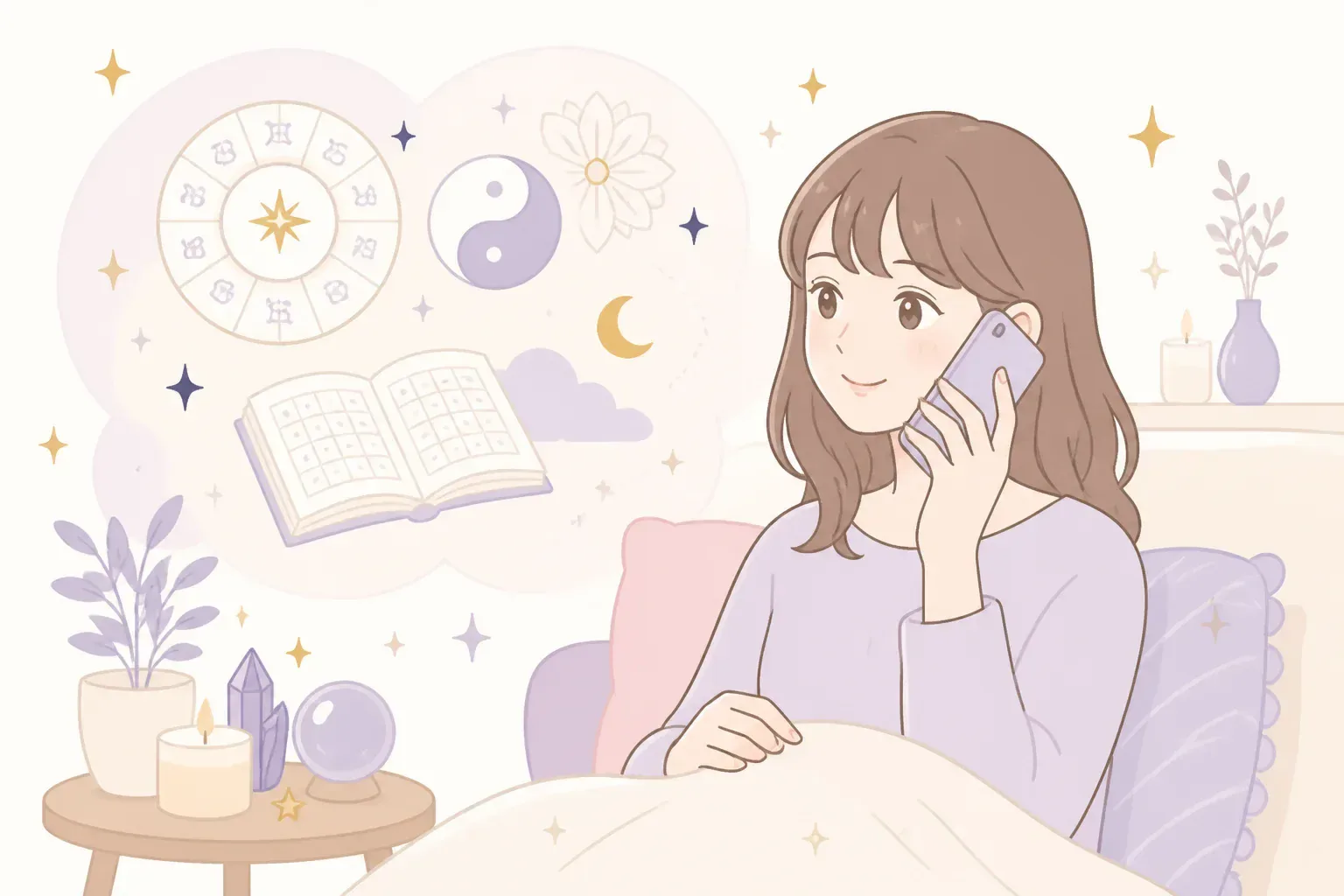 電話で占いを受けるリラックスした雰囲気のイメージ