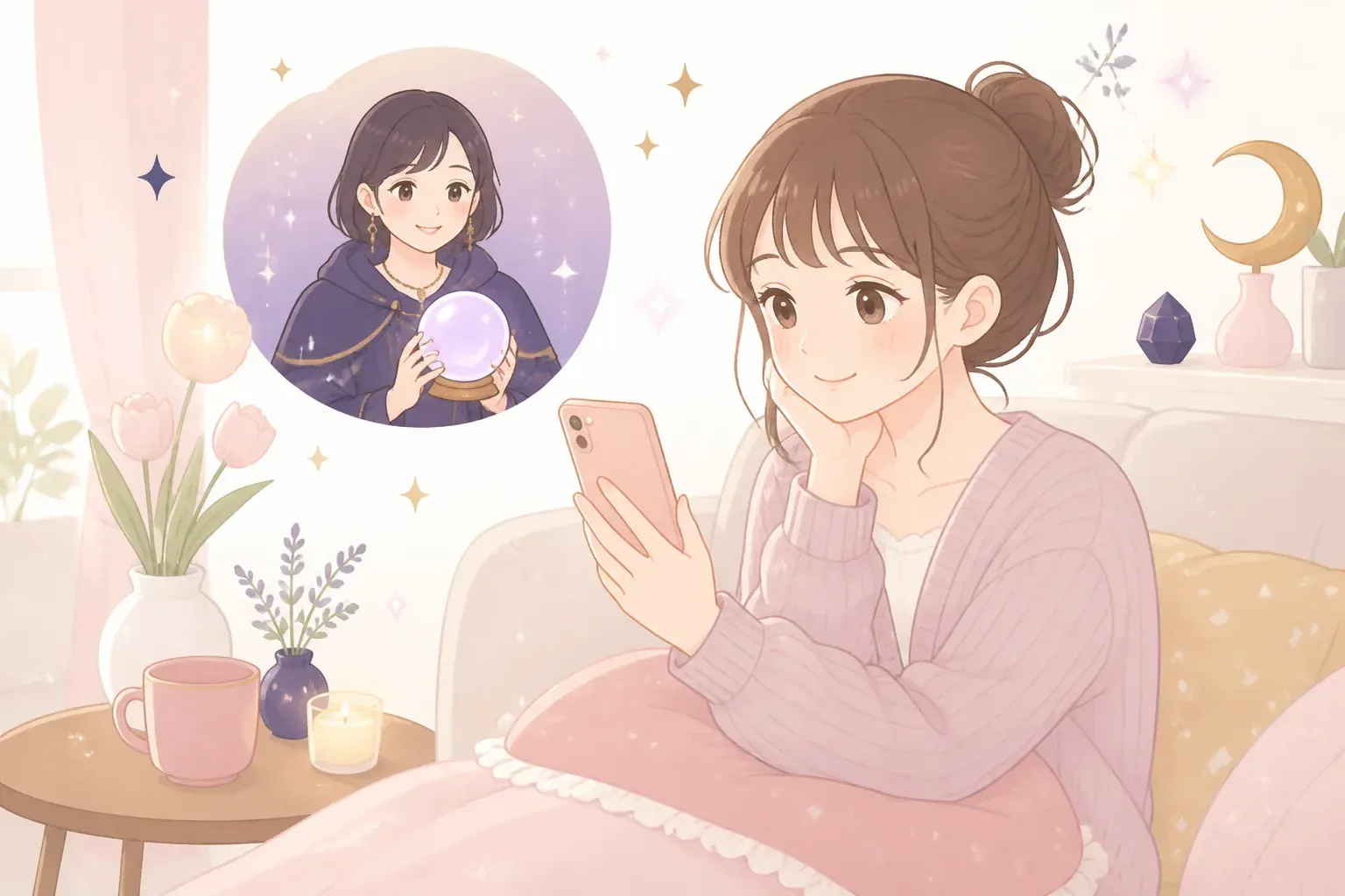 自宅でスマホを使い占いの相談をするリラックスした雰囲気のイメージ