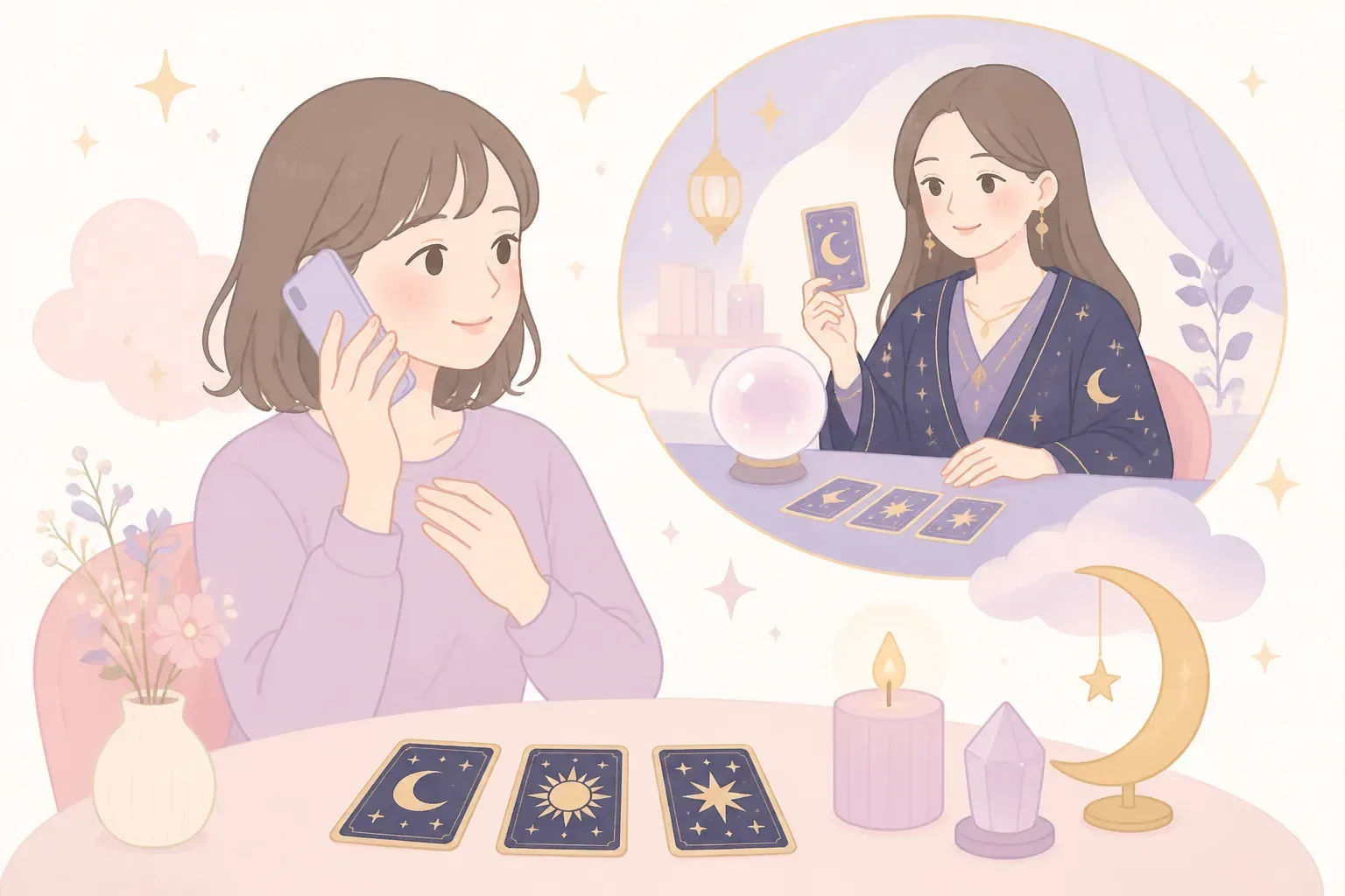 自宅で電話占いを受けるリラックスした様子
