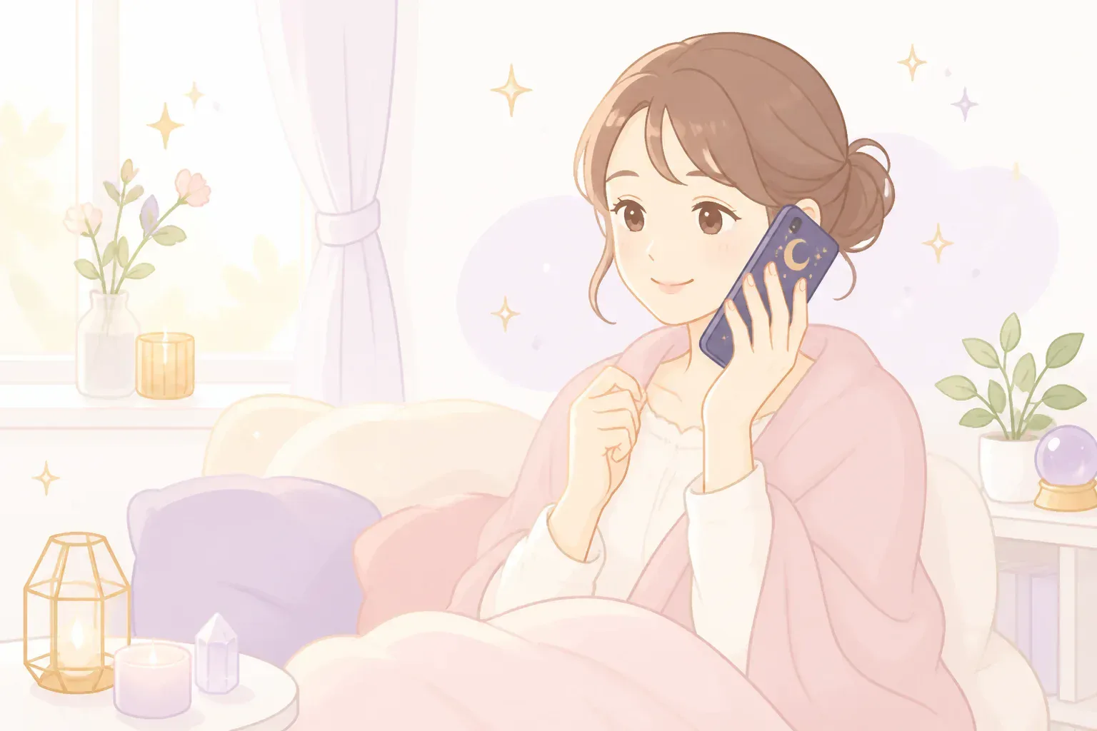 自宅から電話占いを受けるリラックスした雰囲気の画像