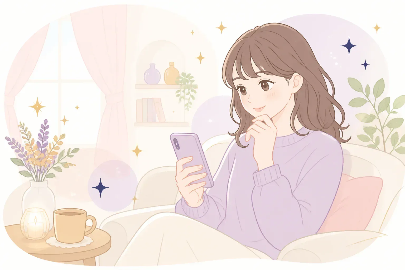 落ち着いた雰囲気で電話占いに相談するイメージ
