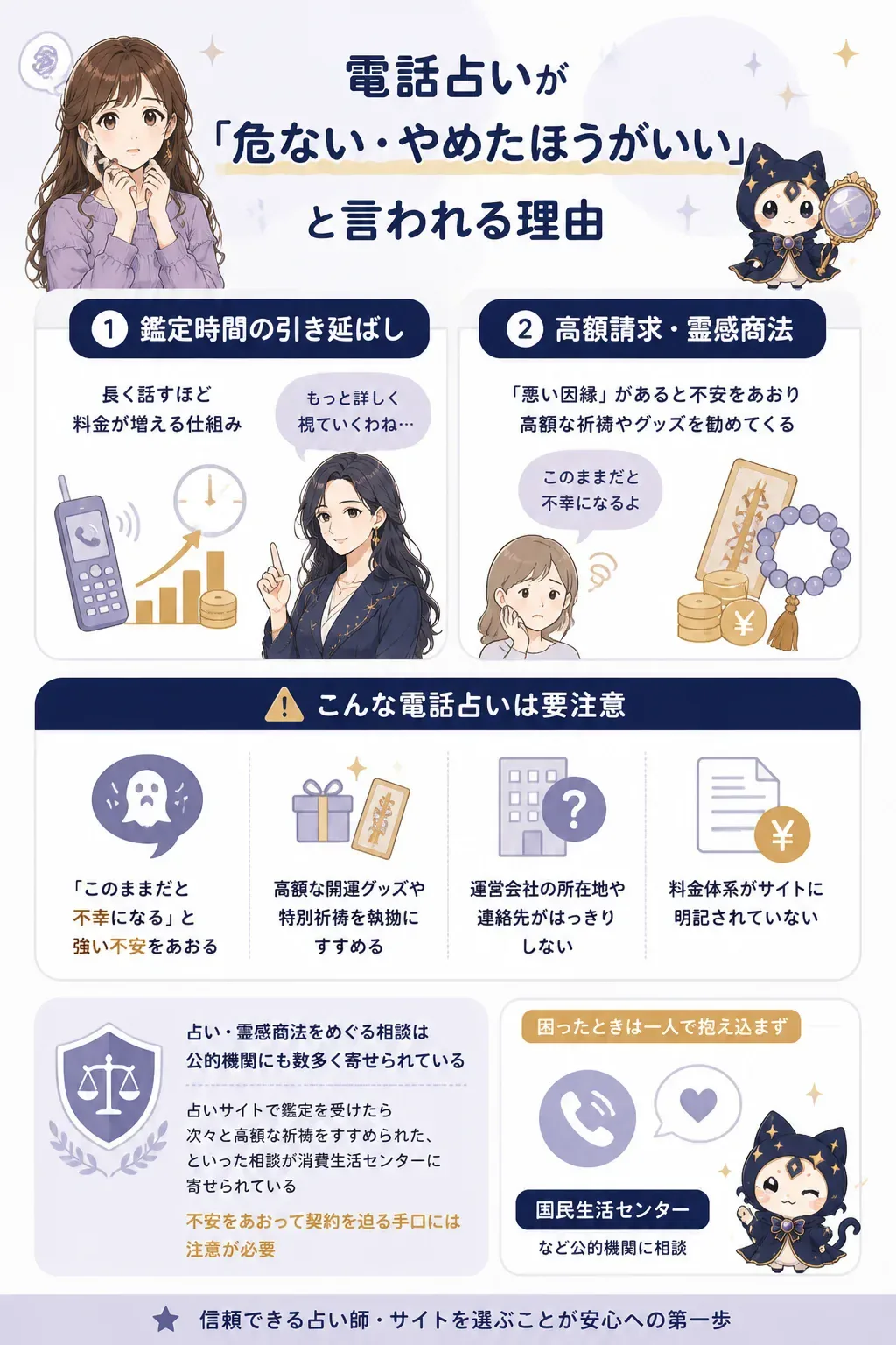 電話占いの危険サイン3つを示す警告図解