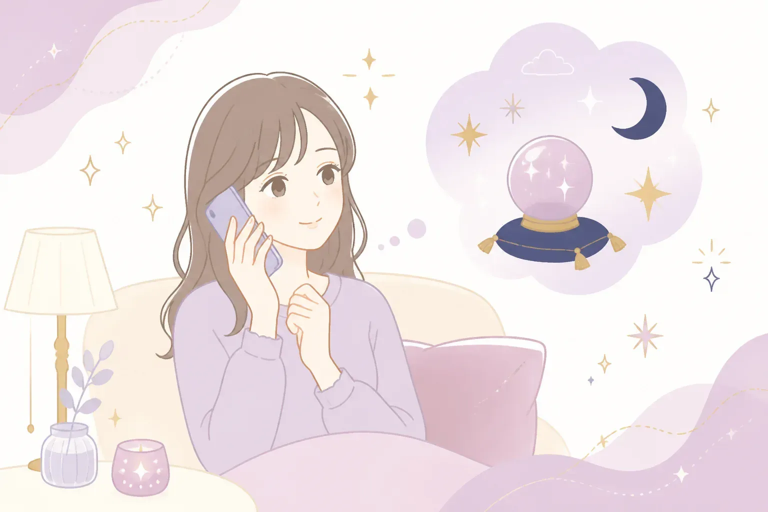 夜にスマホで電話占いを使うイメージ