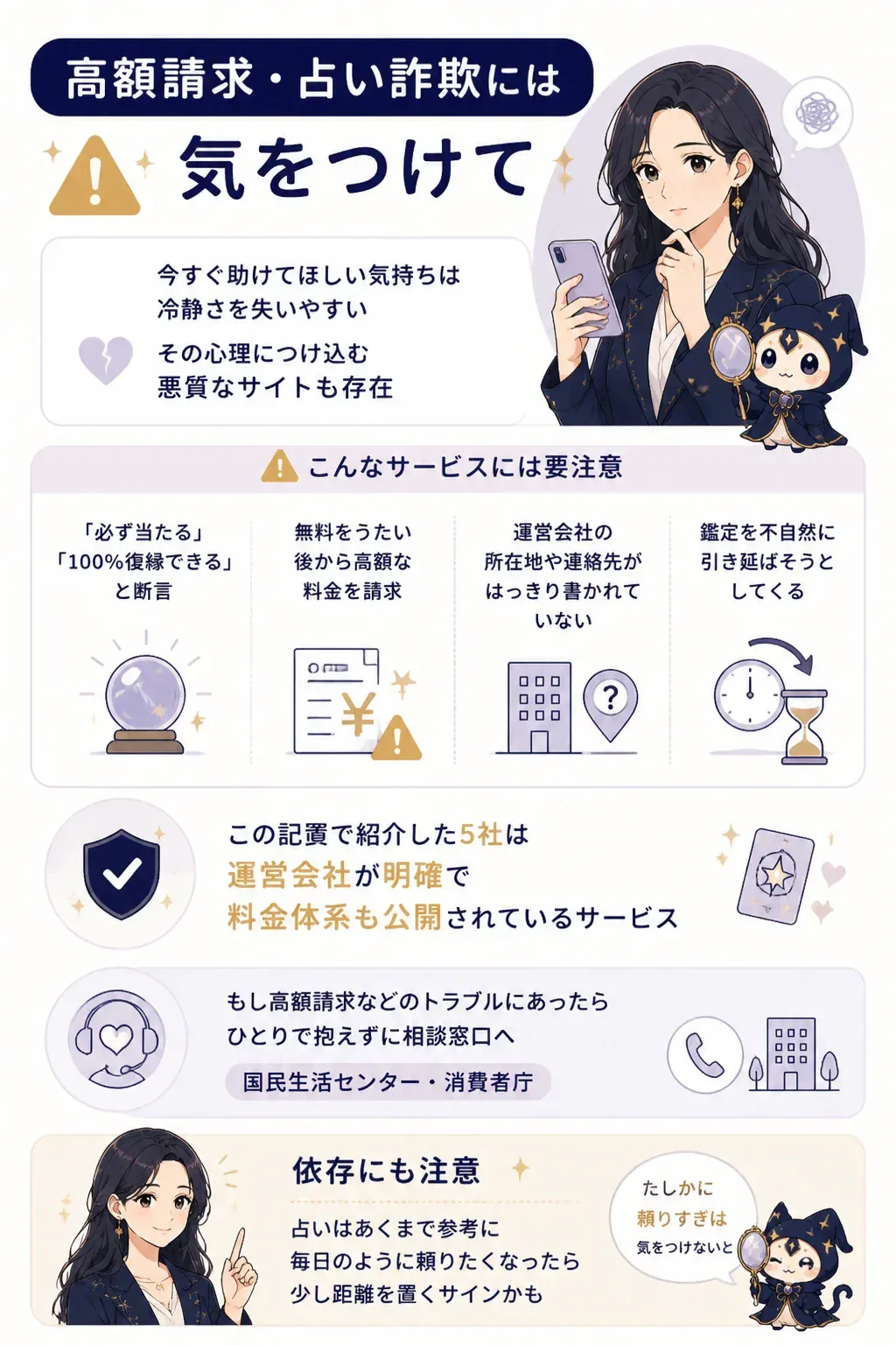 高額請求や占い詐欺を見分けるための注意点の図解