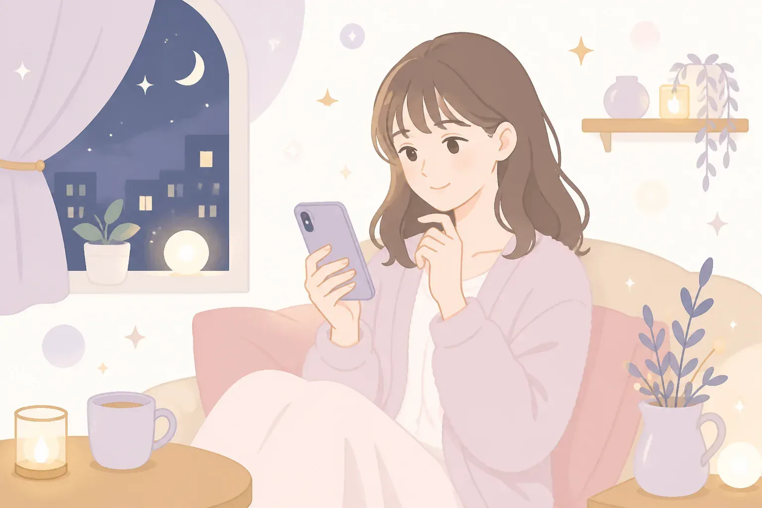 自宅で電話占いに相談する穏やかな雰囲気のイメージ