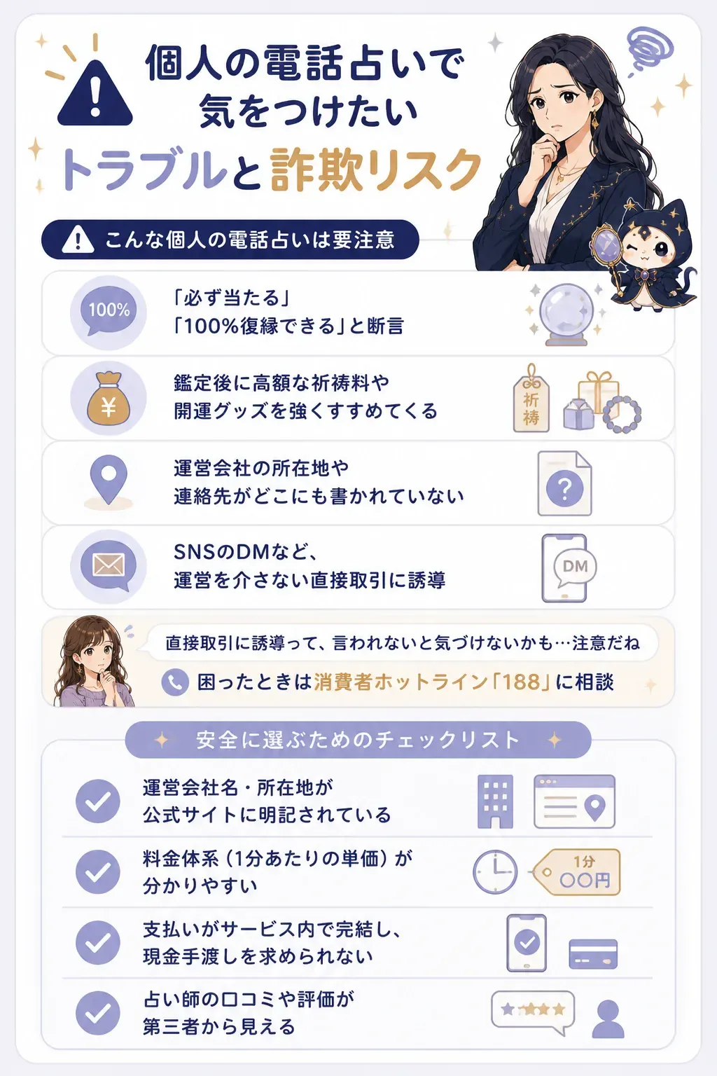 危ない個人の電話占いを見分けるチェック図解