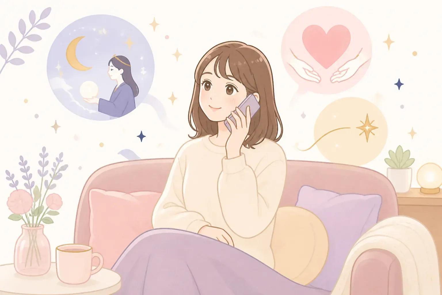 自宅で電話占いに相談するイメージ