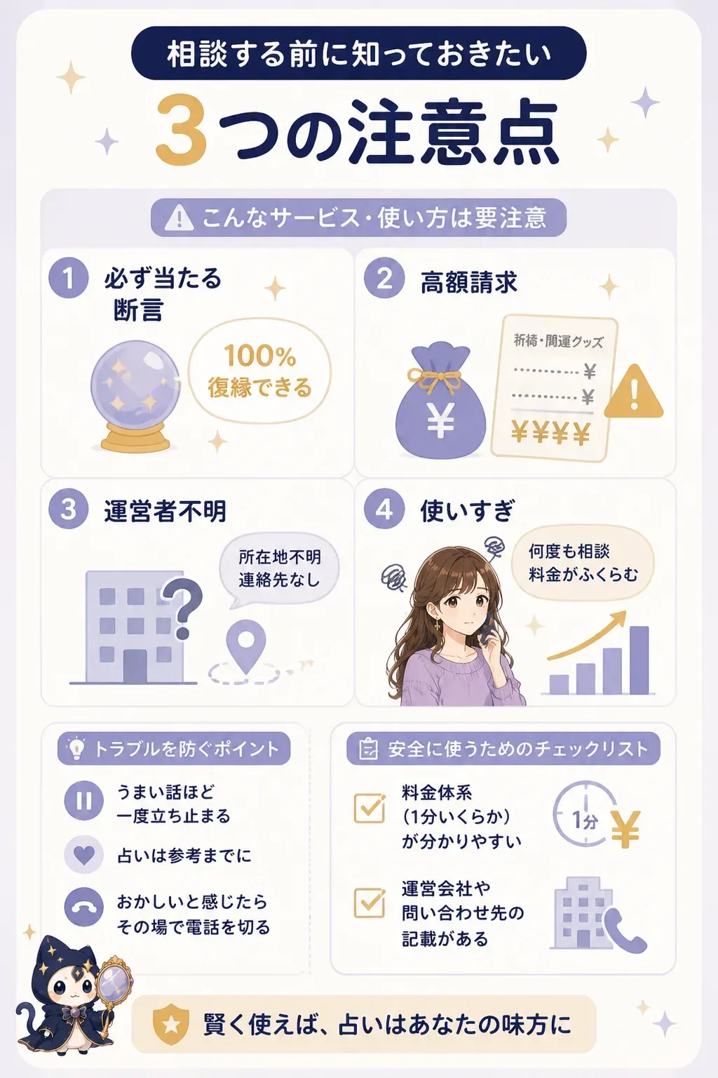 危険な電話占いサービスの見分け方を示す注意ビジュアル