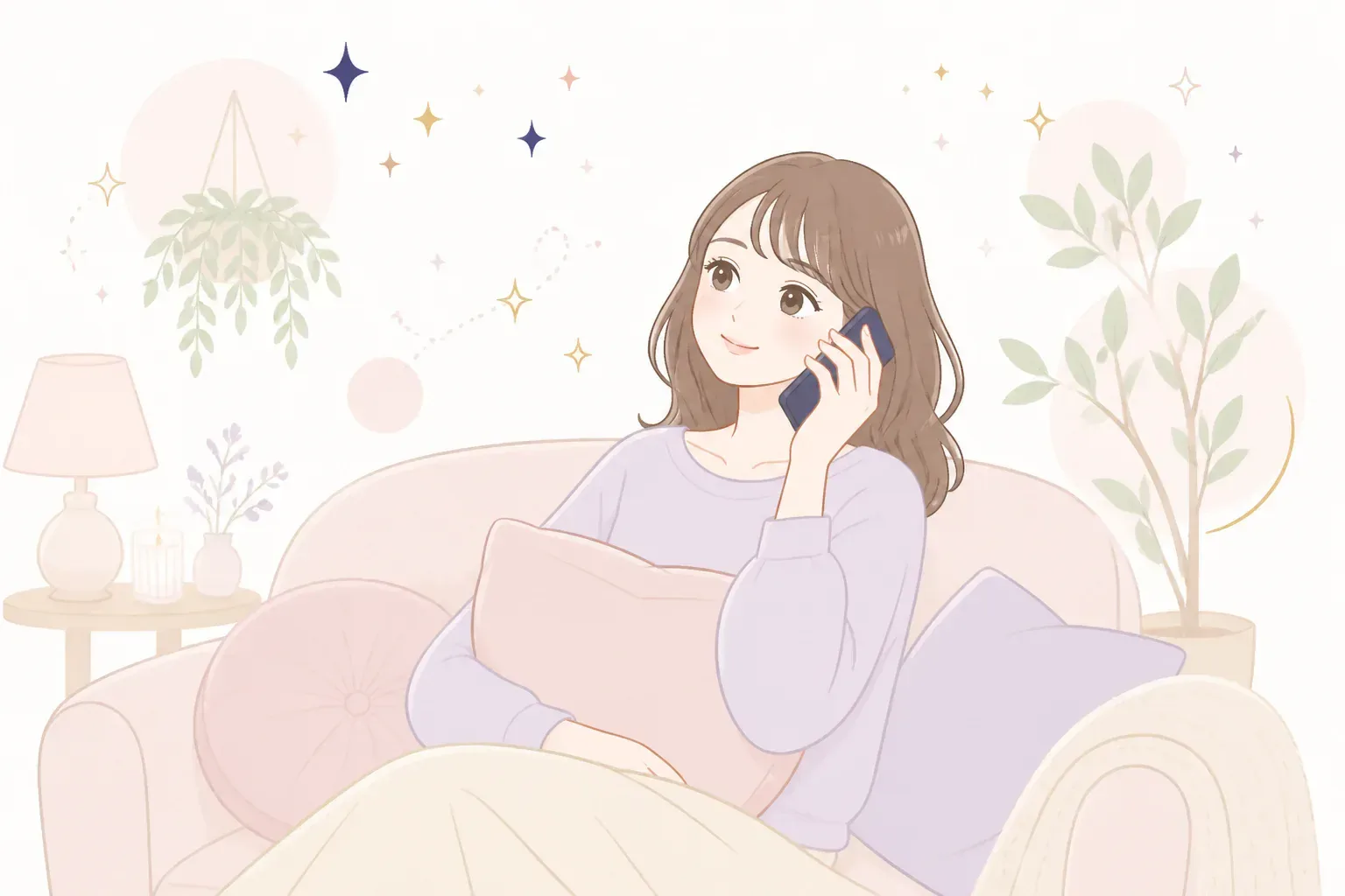 自宅でリラックスして電話相談するイメージ