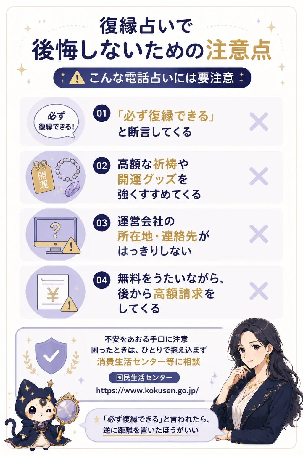 注意すべき電話占いの特徴を示すチェック図解