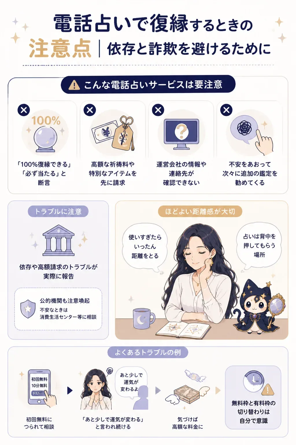 要注意な電話占いサービスの特徴を示す図解