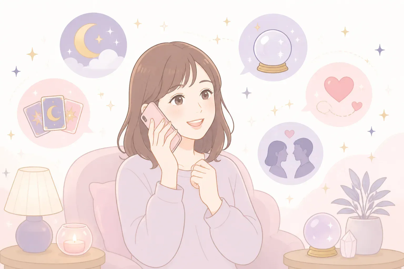 夜に電話占いで相談する女性のイメージ