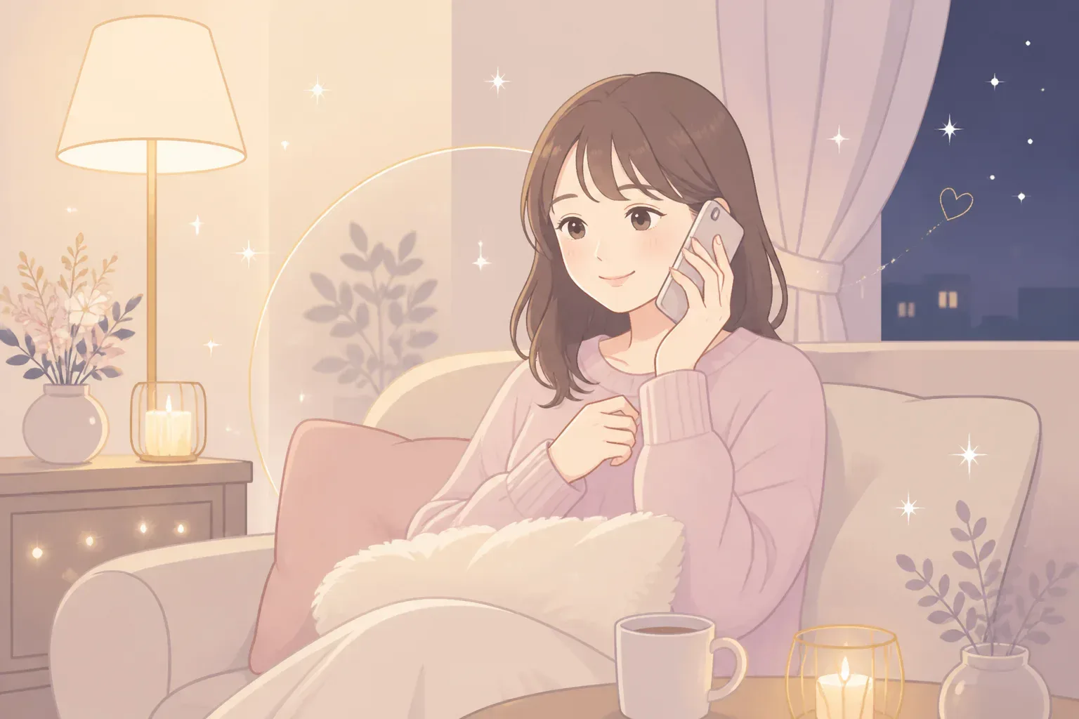 夜に自宅から電話占いで相談する落ち着いた雰囲気のイメージ