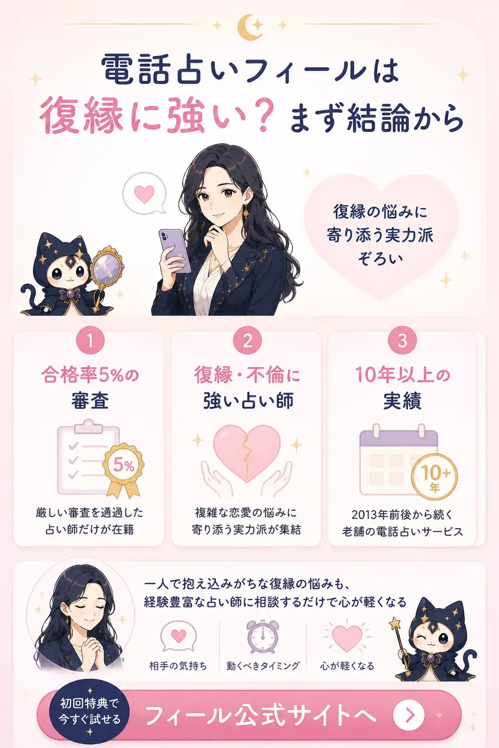 電話占いフィールが復縁相談に向いている3つの理由を示す図解