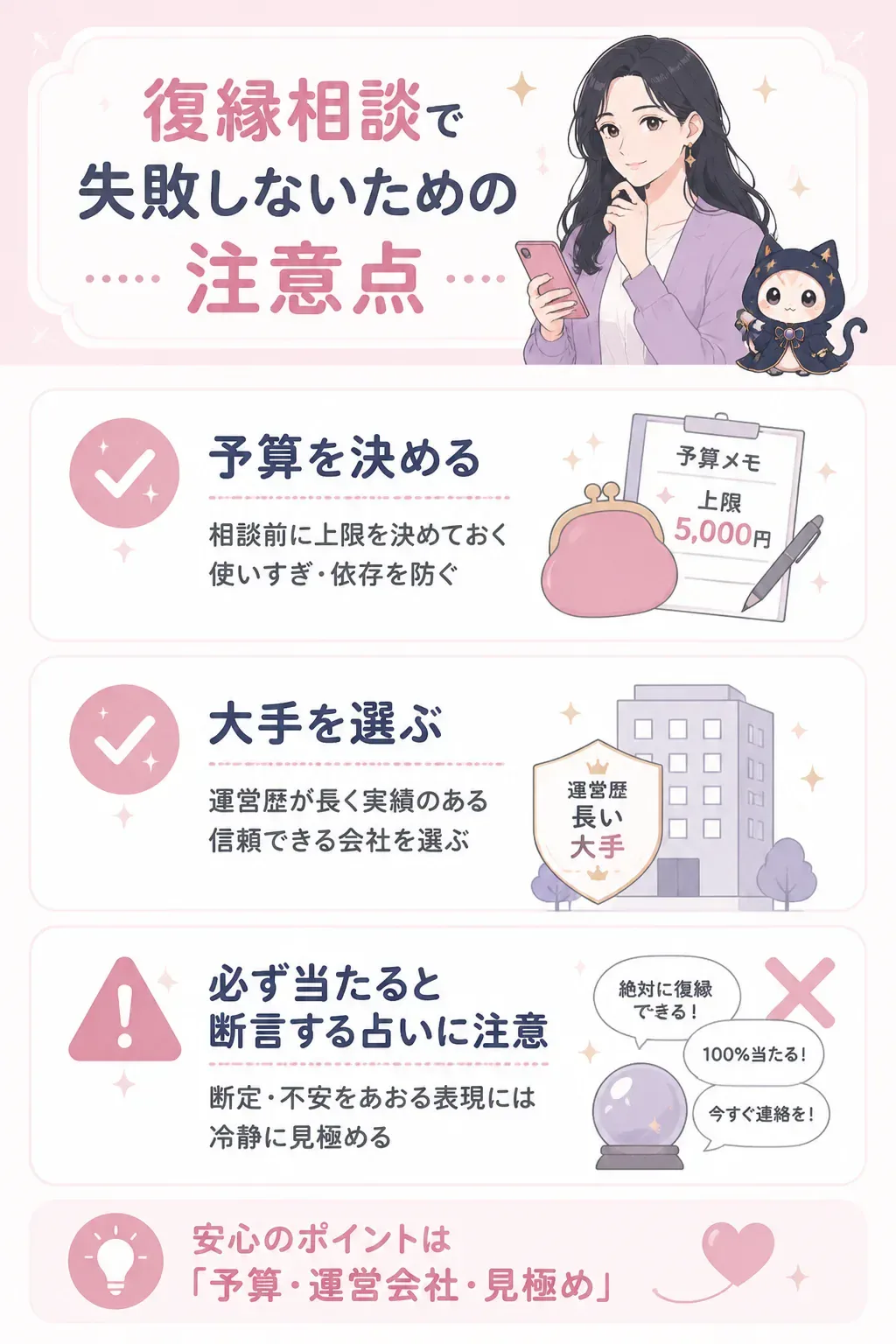 電話占いで失敗しないための注意点を示す図解