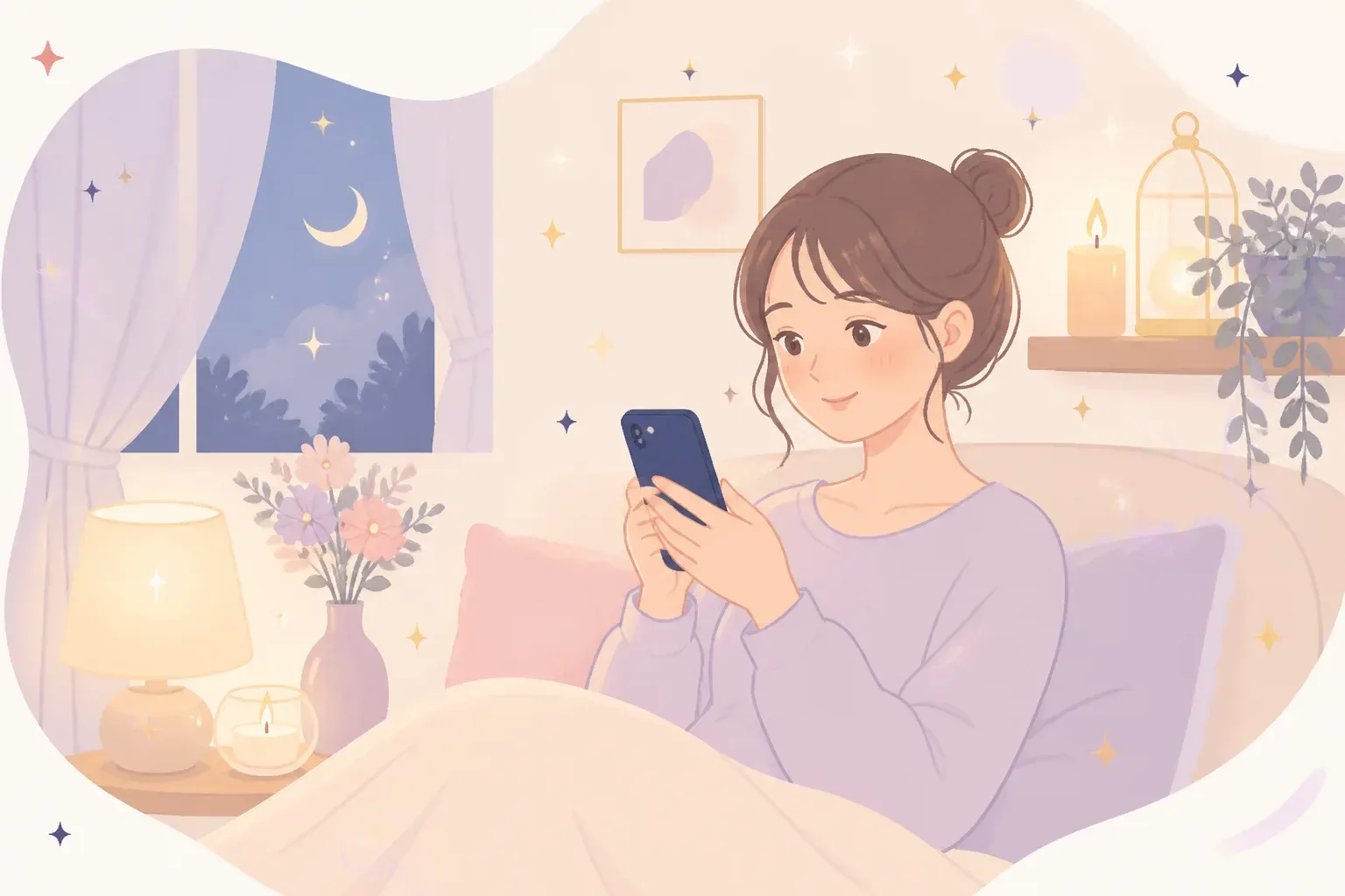 夜にスマホで電話占いに相談するイメージ