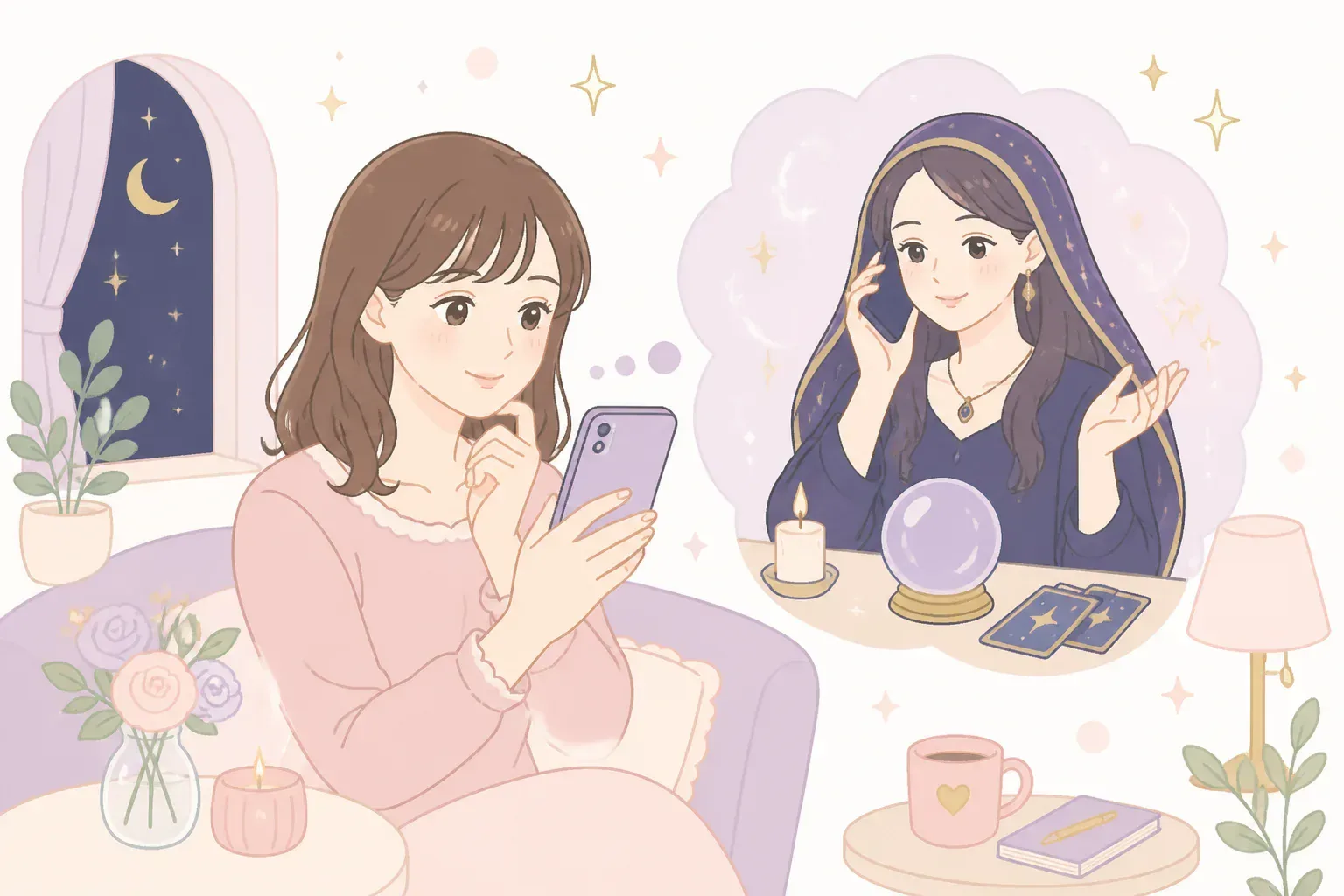 落ち着いた雰囲気で電話占いを利用するイメージ