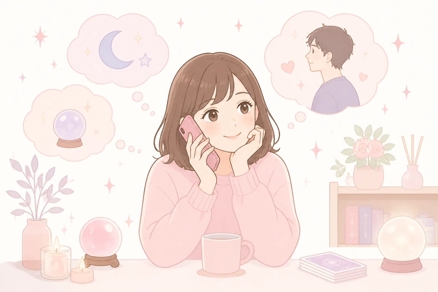 自宅で電話占いの鑑定を受けてリラックスする女性のイラスト