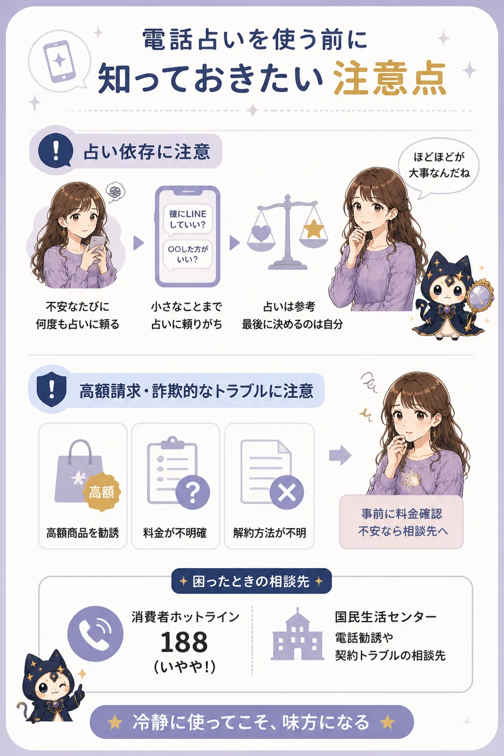 電話占いの依存や高額請求への注意を示すイラスト