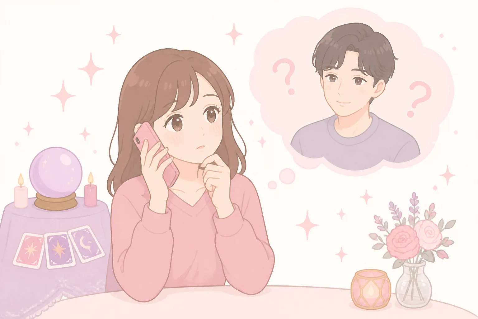 電話占いに関する疑問を解決していくイメージのイラスト