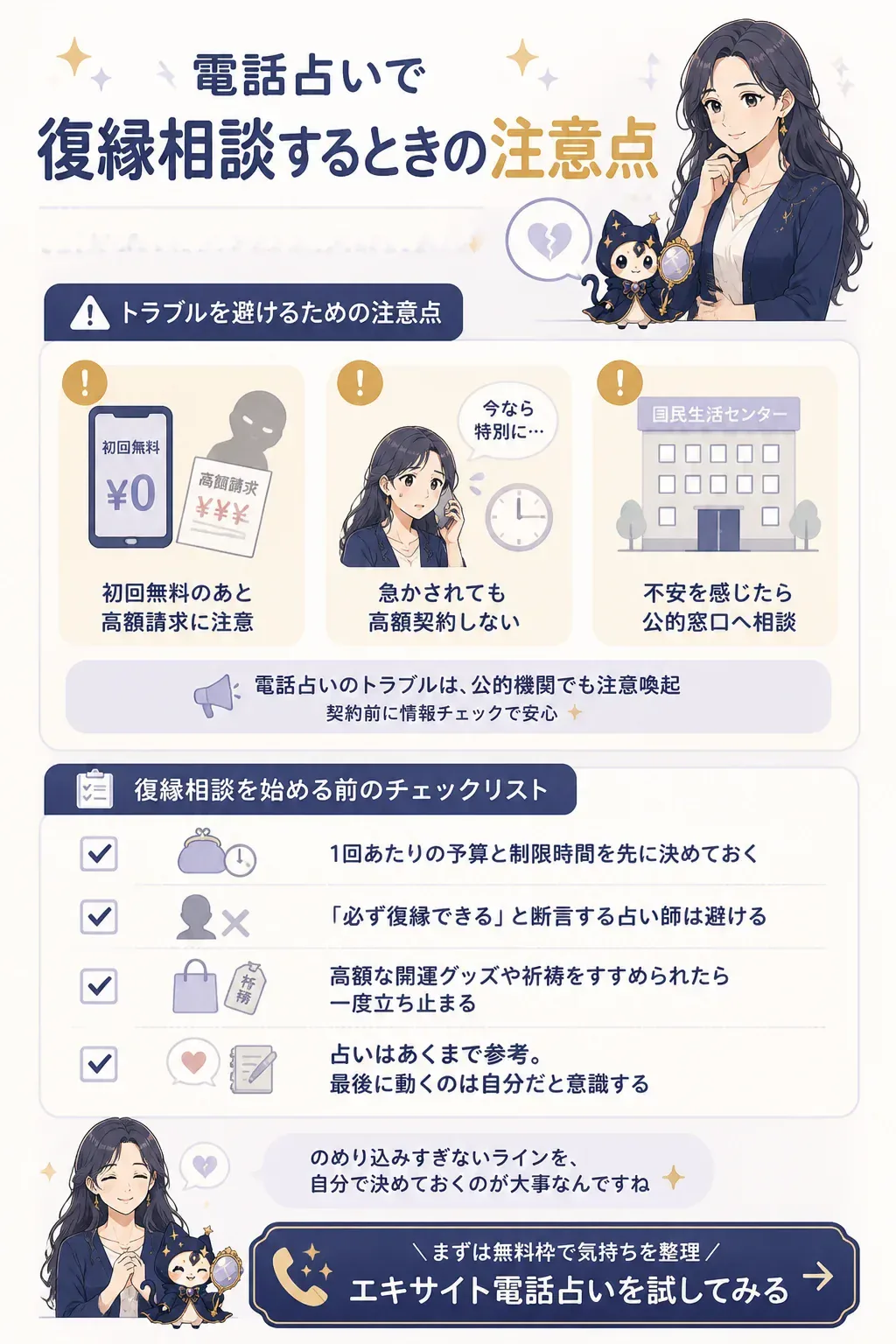 電話占いで復縁相談するときの注意点をまとめた図解