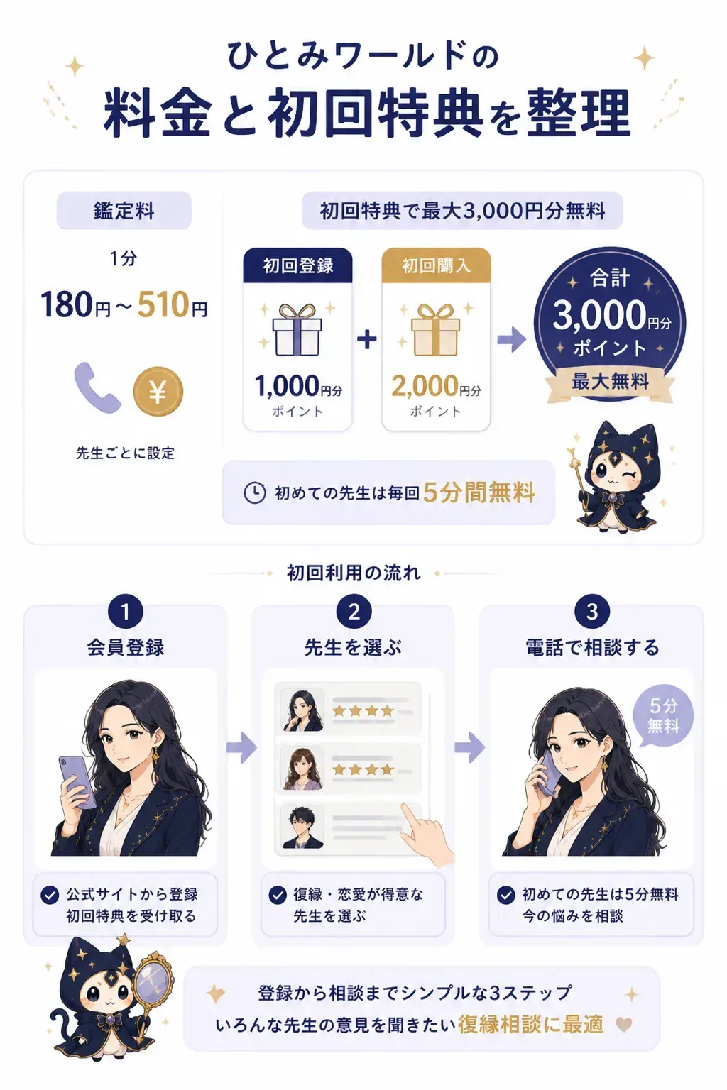 ひとみワールドの初回最大3000円分無料特典の内訳図