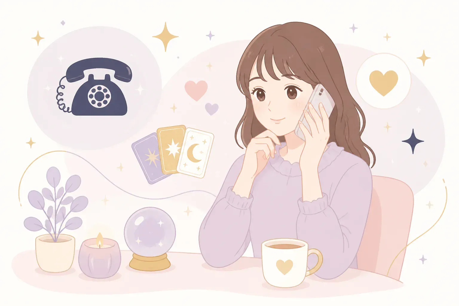 自宅でスマートフォンから電話占いを利用する女性のイメージ