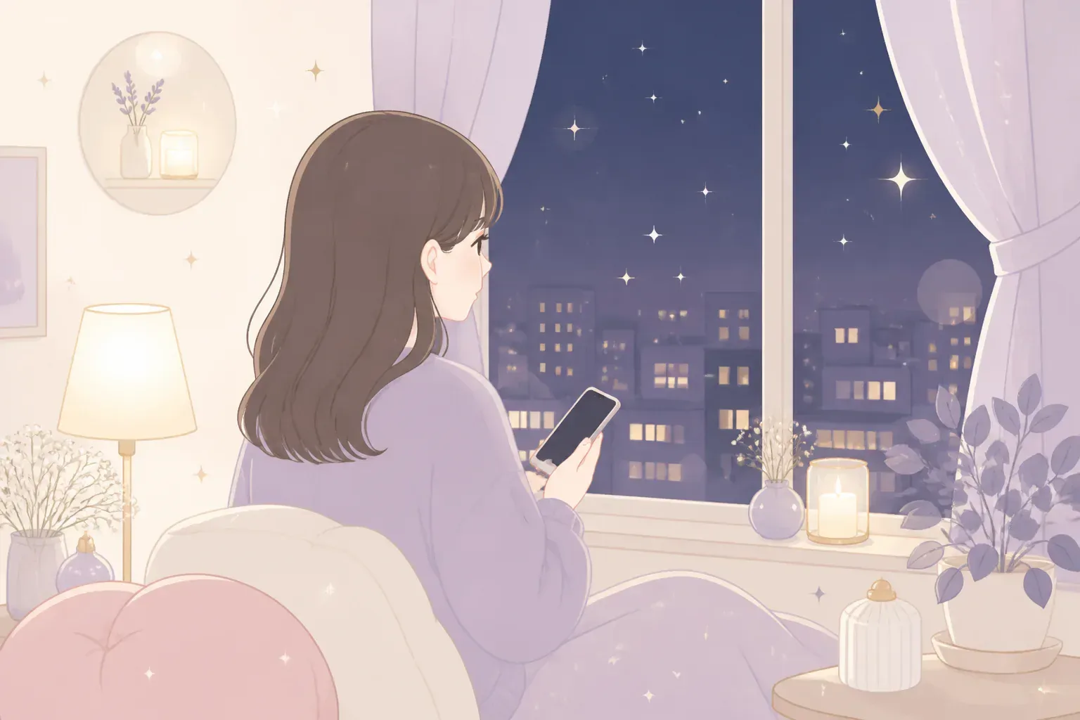 夜にスマートフォンを手に考え込む女性のイメージ