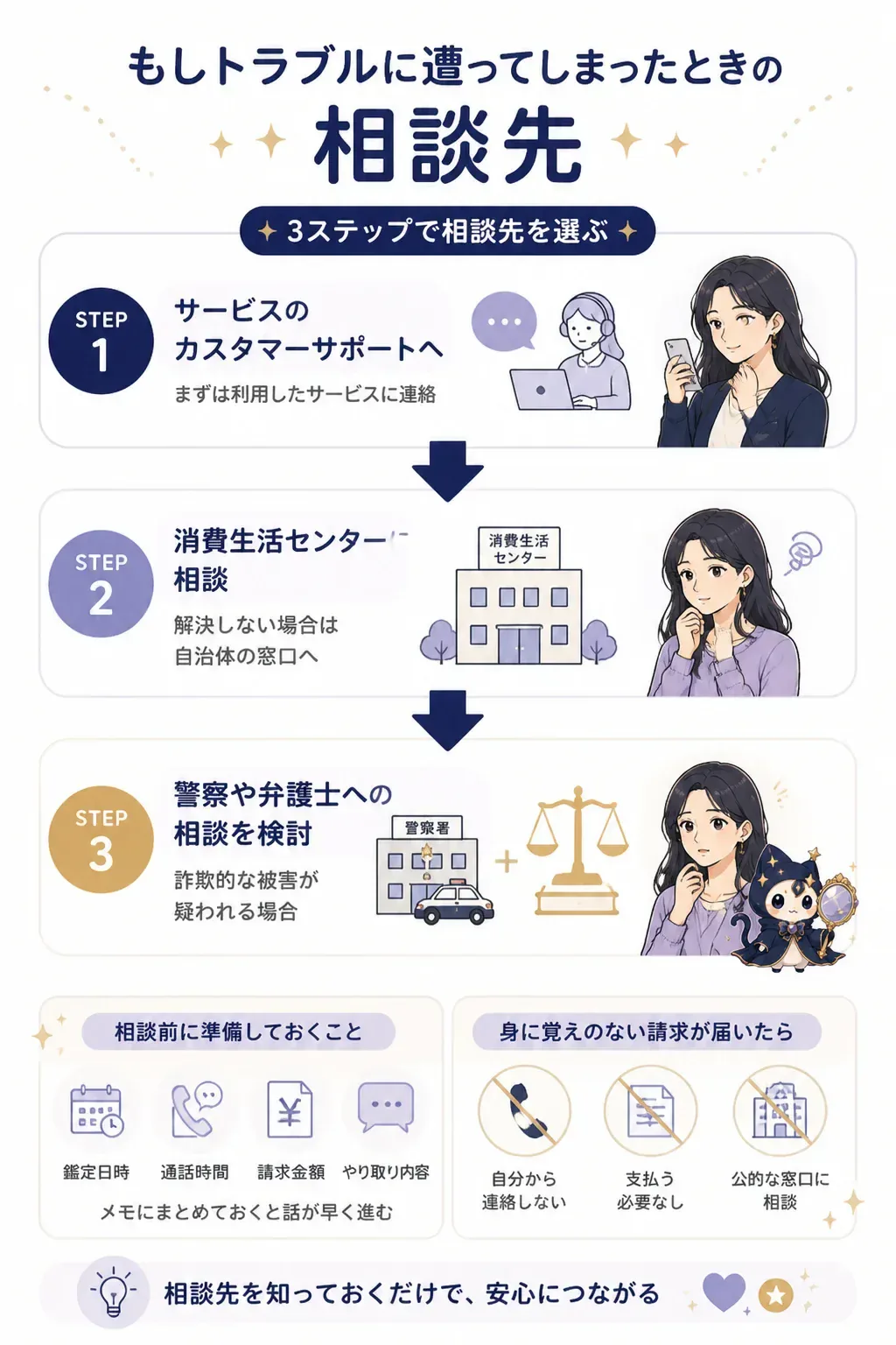 トラブル時に相談する順番を示した3段階のステップ図