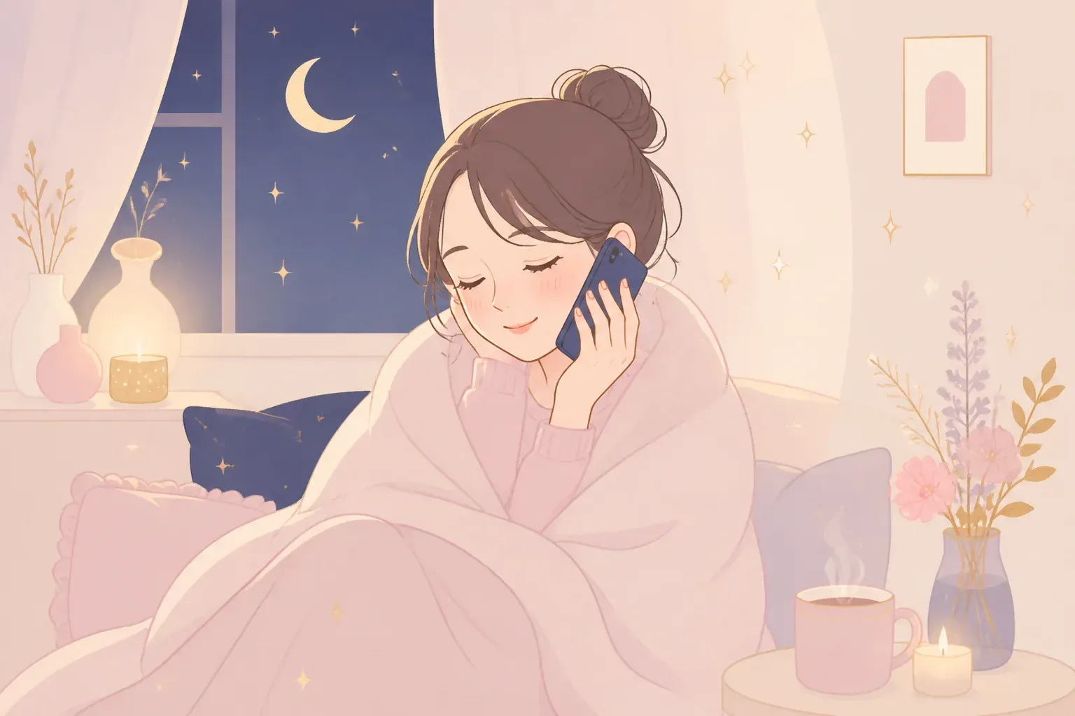 夜に電話で相談して安心している様子のイメージ