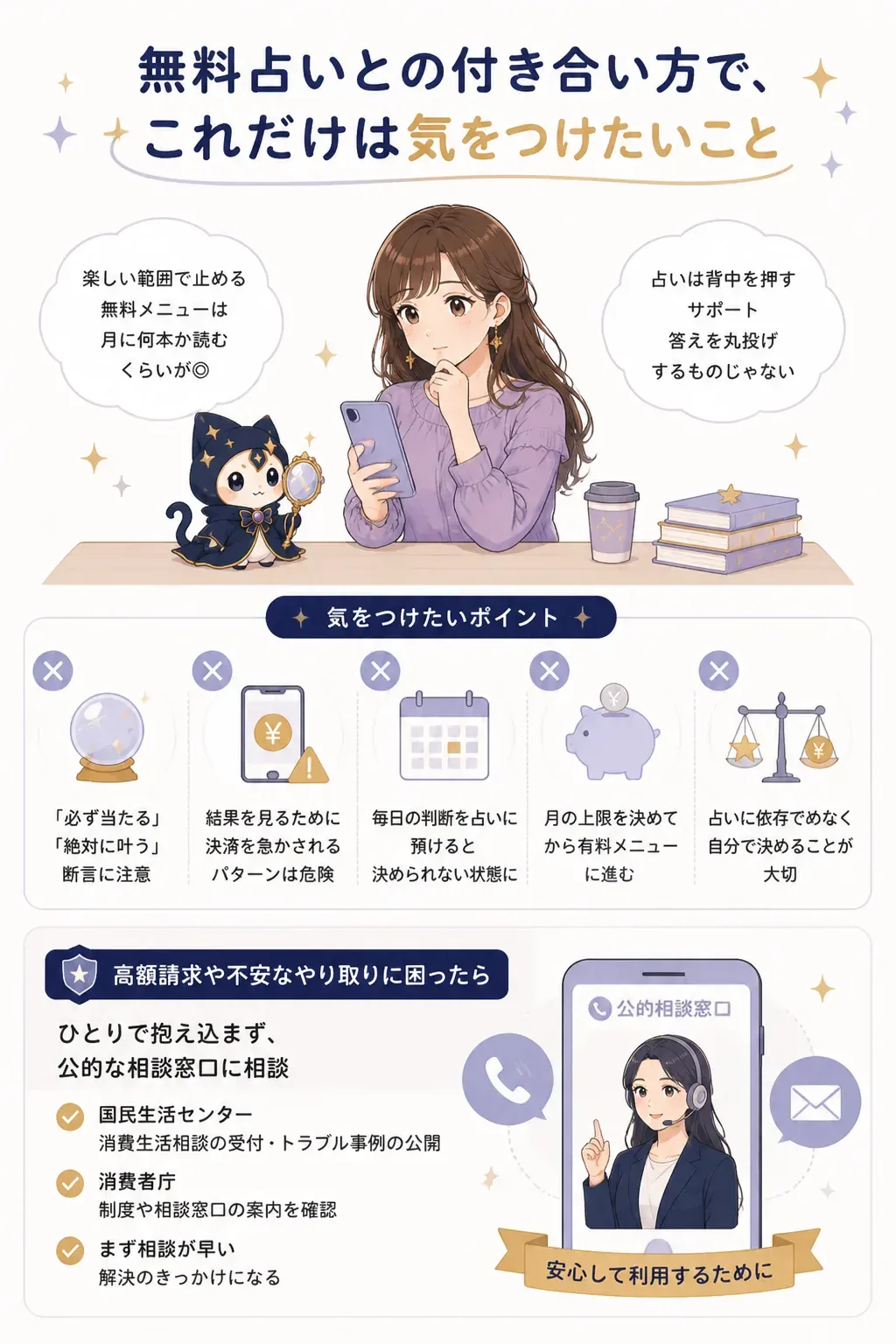占い依存と課金トラブルの注意サインを示す図解