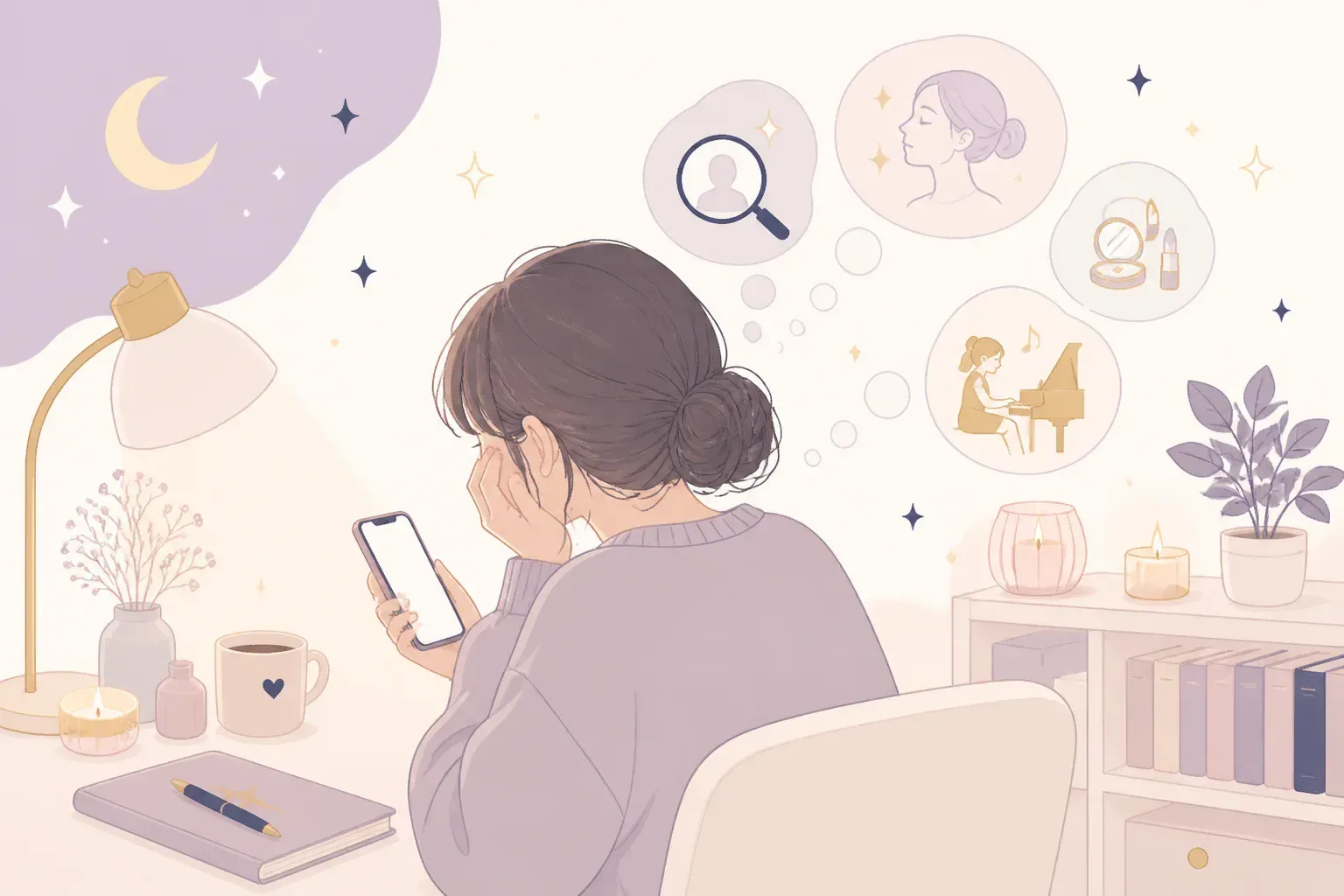 夜にスマホで口コミを読む人のイメージ