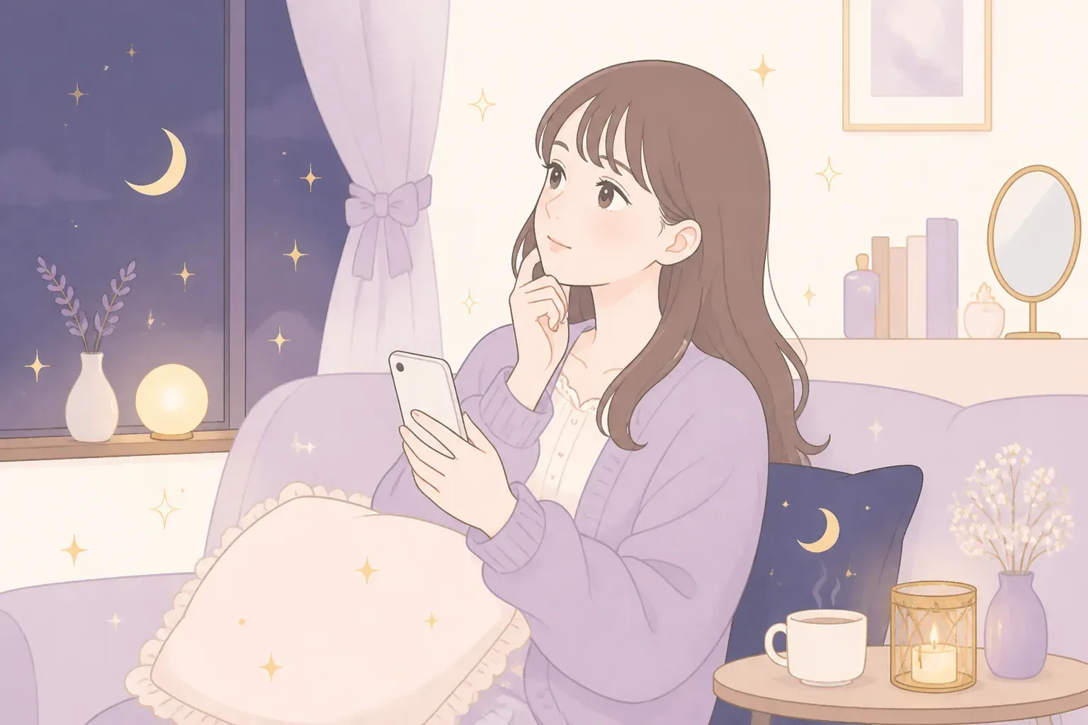 夜にスマートフォンで相談を考える様子のイメージ