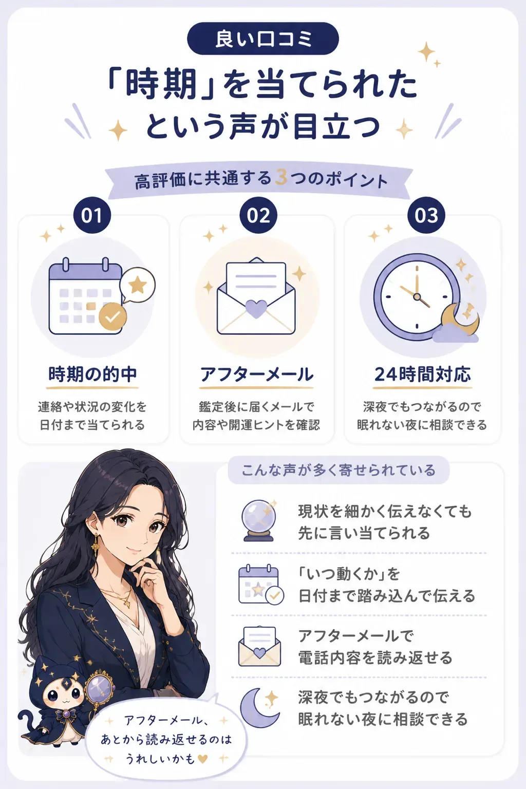 電話占いシエロの高評価の口コミに共通する3つの要素の図解