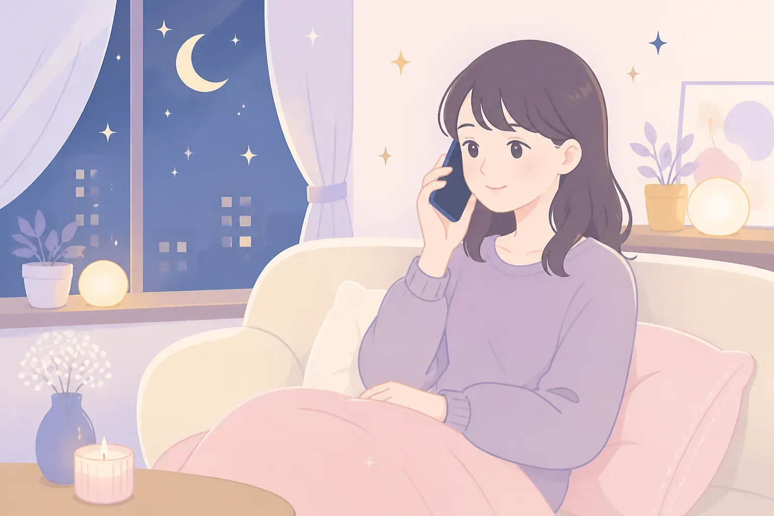 夜に電話占いで仕事の悩みを相談するイメージ