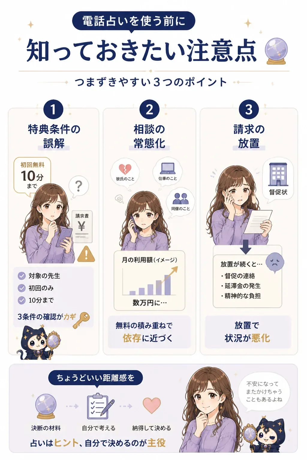 電話占いでよくある3つのつまずき方を示した図