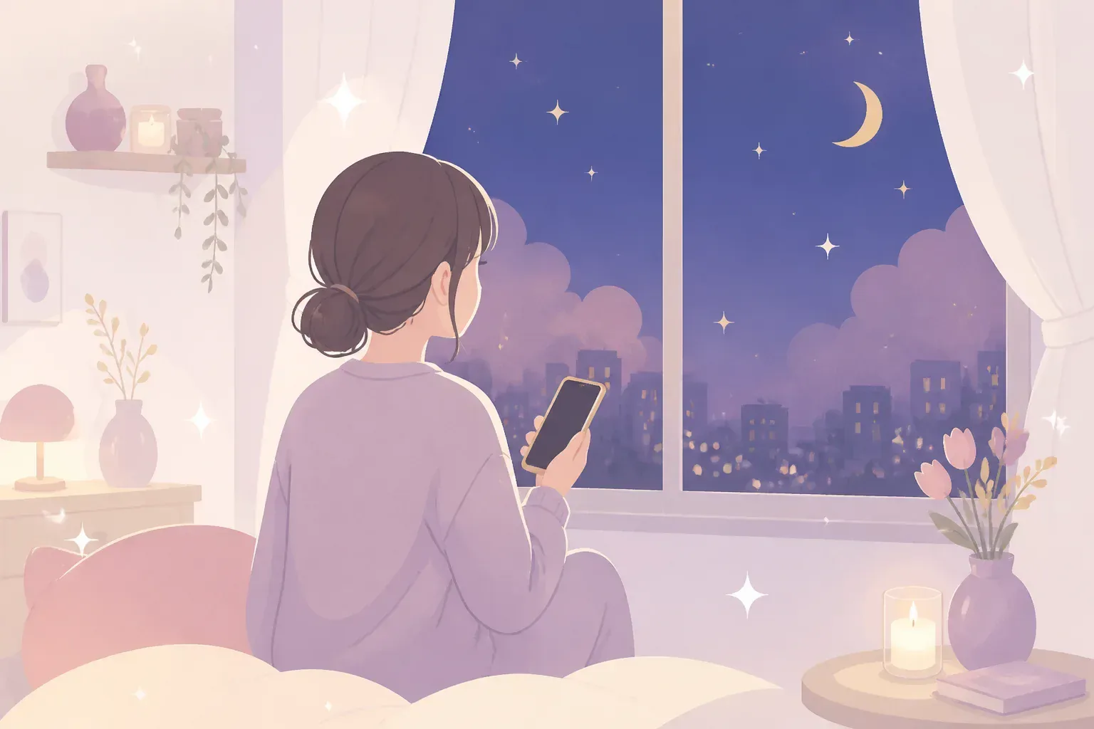 夜にスマートフォンを手に考え込む様子のイメージ