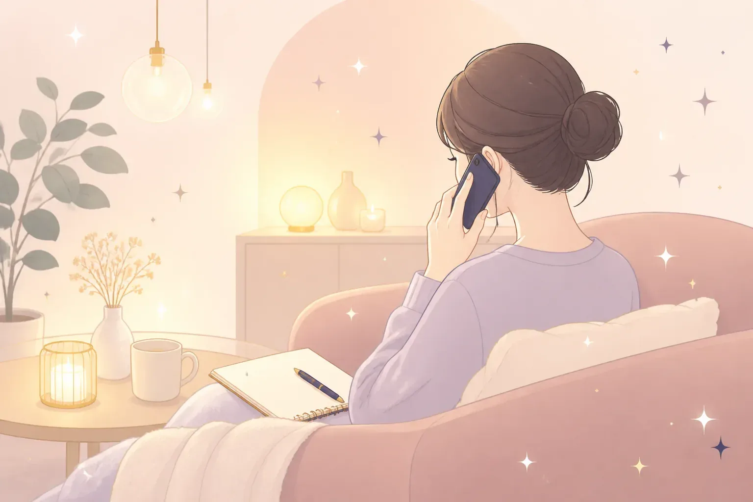 夜にスマホで電話占いを利用する落ち着いた雰囲気画像