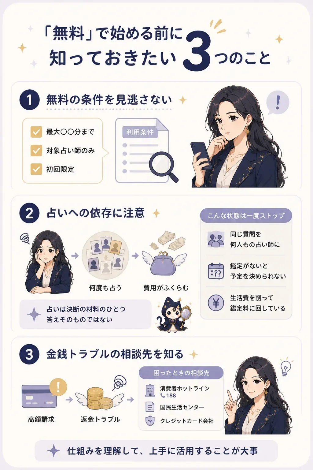 無料で始める前の3つの注意点を示す図解