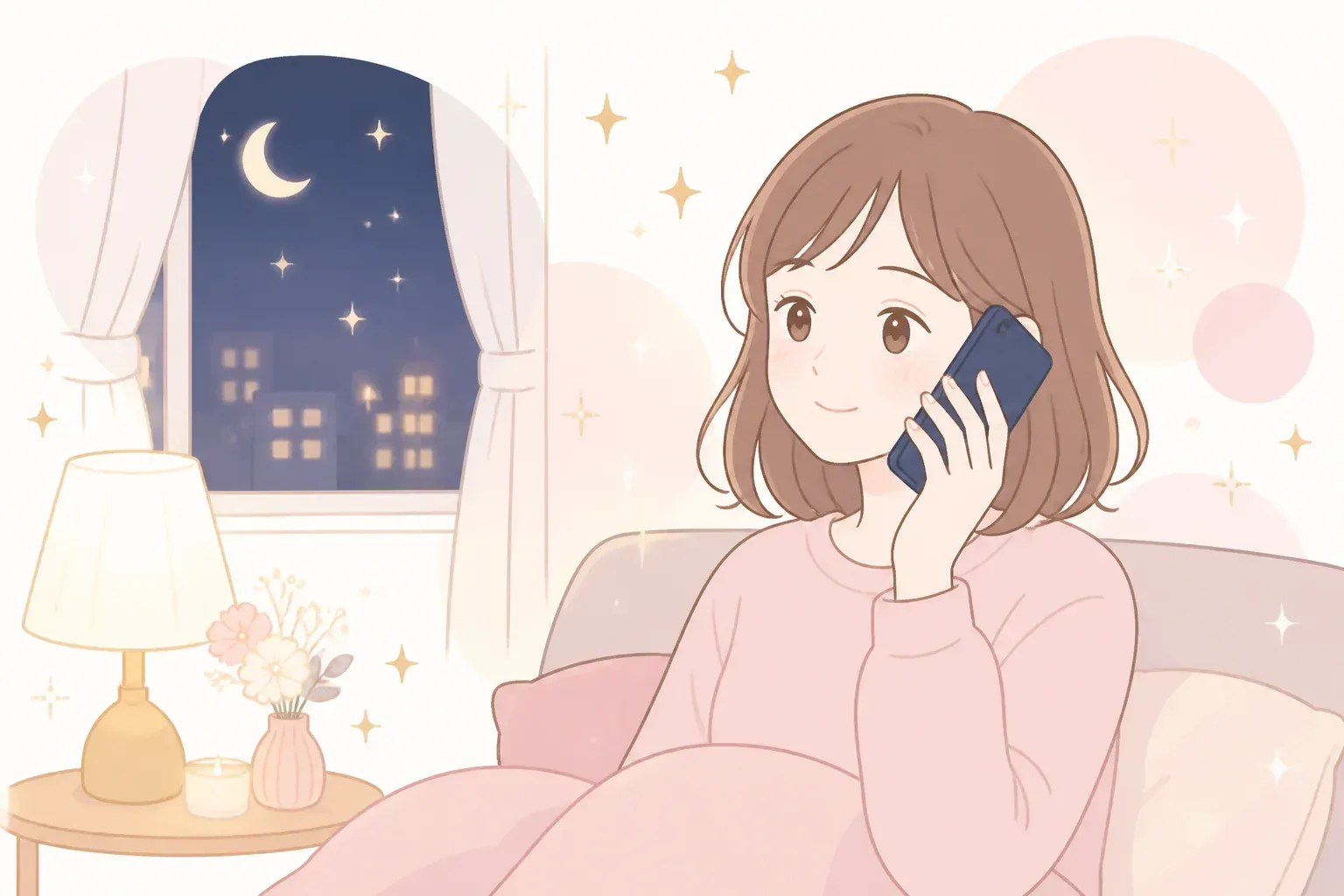 夜に電話で恋愛相談する女性のイメージ